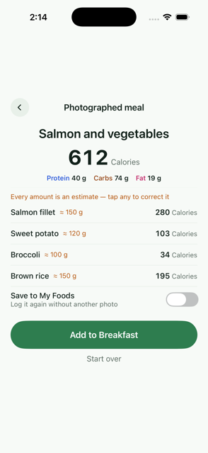 A photographed meal resolved into salmon, sweet potato, broccoli and brown rice, each with an estimated weight and its calories