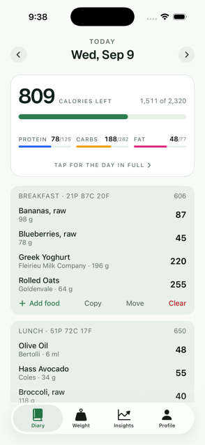 The Tare diary on an iPhone: 809 calories left of 2,320, protein carbs and fat beneath, and breakfast and lunch listed underneath