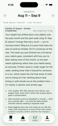 The weekly insight: a paragraph on how the week went, then three changes to make